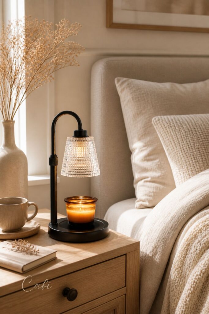 cozy candle warmer lamp on bedside table soft warm lighting bedroom decor