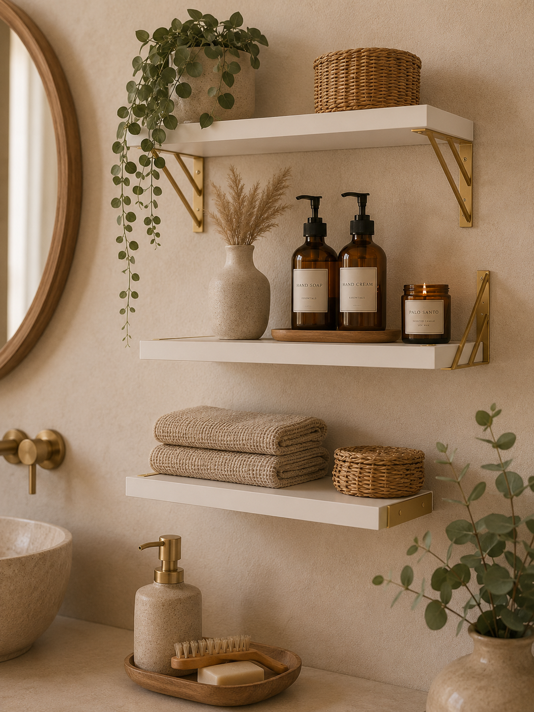 floating wood shelf gold brackets bathroom